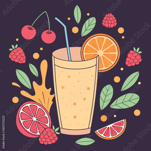 Fresh fruit smoothie in glass amidst raspberries, oranges and citrus on dark background