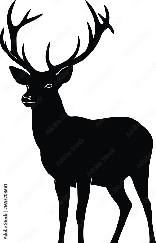 A striking black silhouette of a majestic stag with a full rack of antlers standing proudly against a white background.
