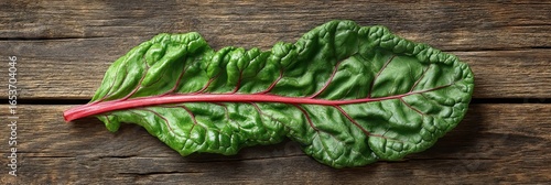 A single vibrant green leaf of fresh Swiss chard rests on a rustic wooden surface