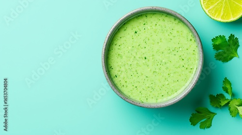 Fresh green herb sauce in a bowl with lime and cilantro