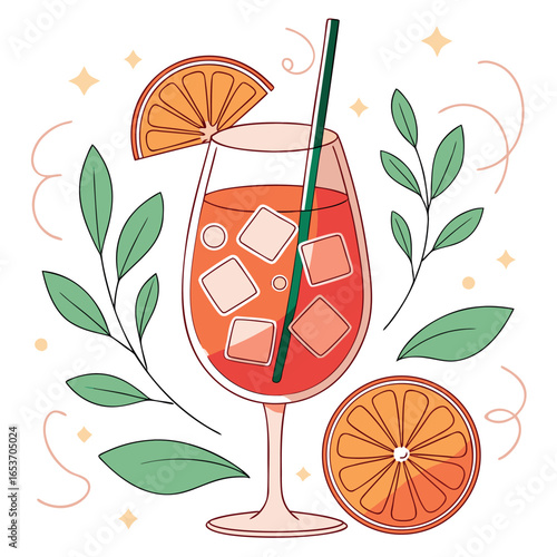 Refreshing spritzer in tall glass sits among orange slices and leaves, transparent