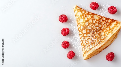 Delicious crepe with fresh raspberries on a white background