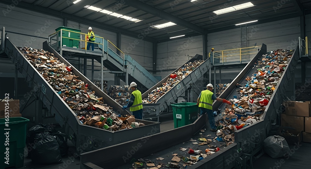 Obraz premium Recycling workers sorting waste on conveyor belts in a modern facility, showcasing sustainable operations and environmental responsibility