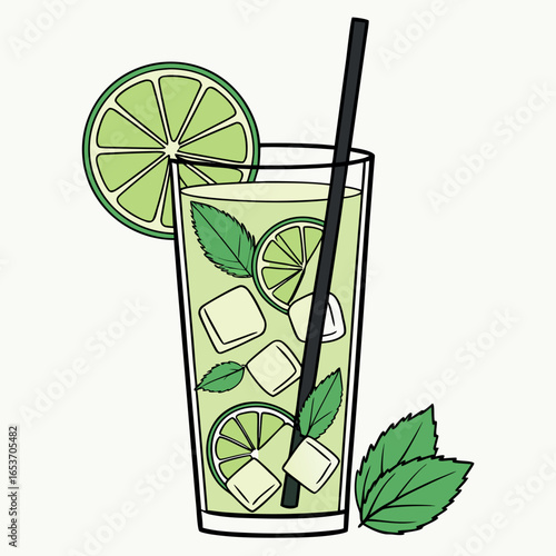 Tall clear glass reveals mojito cocktail ingredients like lime slices and fresh mint