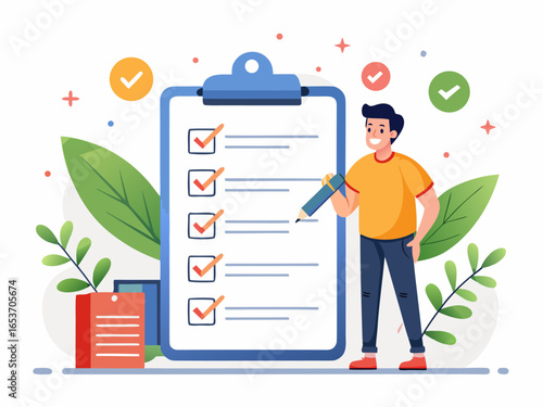 Flat vector illustration of task checklist on clipboard with tick marks and colorful presents around