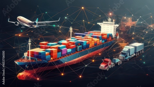Cargo ship, trucks, and plane connected by digital network