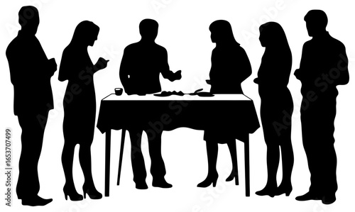 Silhouette of People Gathered Around a Standing Table