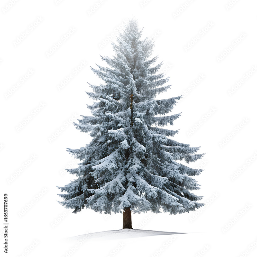 Fototapeta premium A solitary snow covered evergreen tree stands against a stark black background