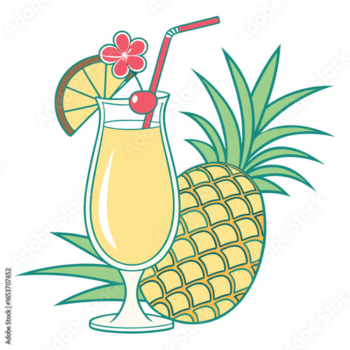 Pineapple sits behind a yellow drink, decorated with flower and lemon against white
