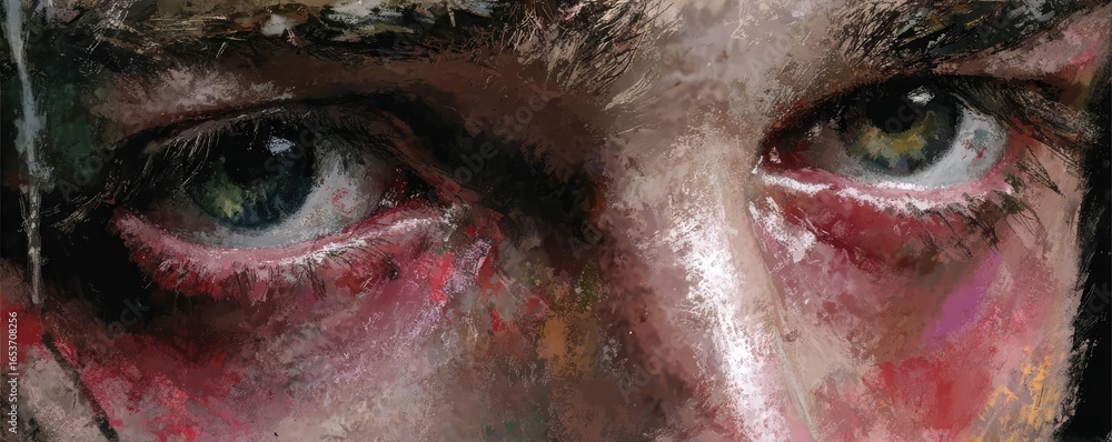 Fototapeta premium Swollen bags under circles and irritation concept. A close-up of expressive eyes conveying deep emotions and stories.