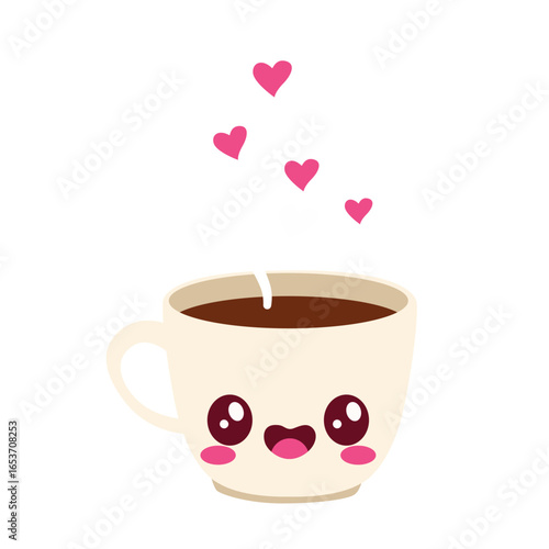Cute coffee cup illustration with pink hearts, kawaii cartoon design for Valentine, romance, festive love, greeting, and adorable warm beverage.
