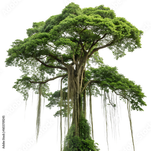 Majestic banyan tree with hanging aerial roots against a dark background
