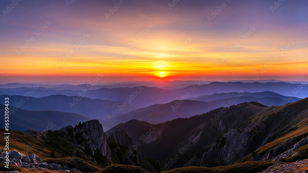 Obraz premium Beautiful sunset over layered mountains in soft glowing orange , yellow and purple , calm atmosphere, radiant with natural beauty