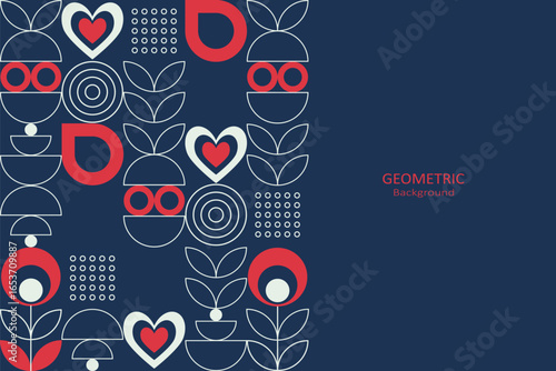 Geometric floral with white and red line art on a blue background, featuring abstract shapes, hearts, circles, leaves, in a retro style with copy space, perfect for minimalist design themes