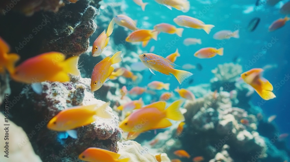 Obraz premium Coral reef teeming with orange and yellow fish underwater