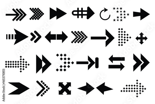Bold black arrow icons collection in multiple directions including straight curved and circular pointers perfect for navigation digital interface modern web and graphic design resources