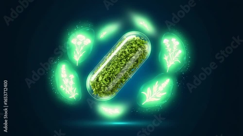 Green capsule surrounded by glowing herbal elements