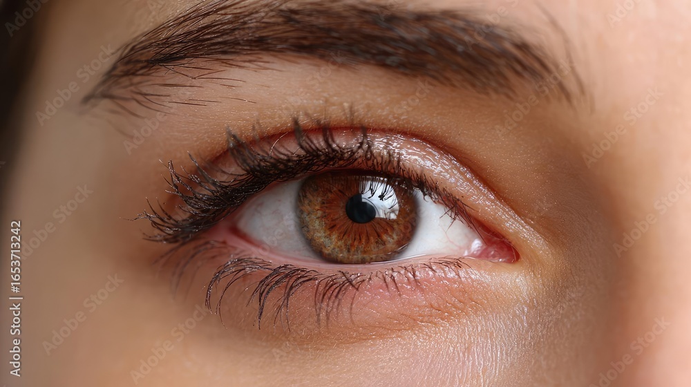 Fototapeta premium Swollen lashes and fatigue with visual concept. Close-up of a person's beautiful brown eye with long eyelashes.