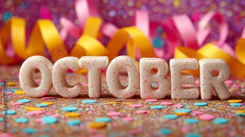 October Word Cookies with Colorful Confetti and Ribbons Celebrating Fall Festivities