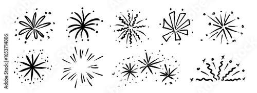 Hand drawn firework set. Crayon doodled firecracker element collection. Black pastel sketches of explosion, spark burst, star lights. Vector charcoal drawn sparkle stickers for birthday, party decor