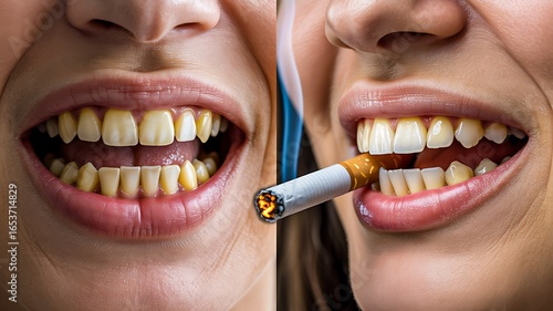 Unhealthy yellow teeth with cigarette showing dental damage and smoking effects
