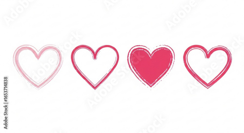 Diverse set of four heart illustrations, evolving from subtle outlines to vibrant, textured designs, ideal for expressing love, romance, and deep affection in creative projects.