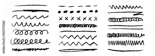 Wallpaper Mural Black grunge brush stoke set. Hand drawn crayon underline, zigzag, dash line collection. Wet or dry pastel pencil doodle scribble bundle. Vector rough chalk charcoal sketch scrawls, waves and zig zag Torontodigital.ca