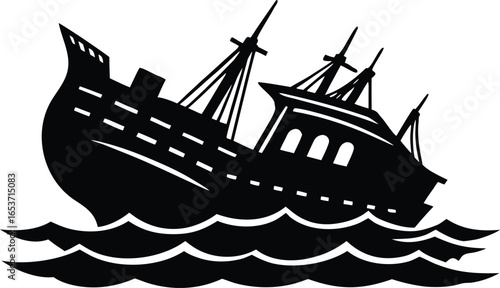 Shipwreck in Calm Ocean Silhouette Vector Clipart Illustration