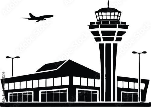 Air Traffic Control Tower and Airport Terminal Vector Silhouette Clipart