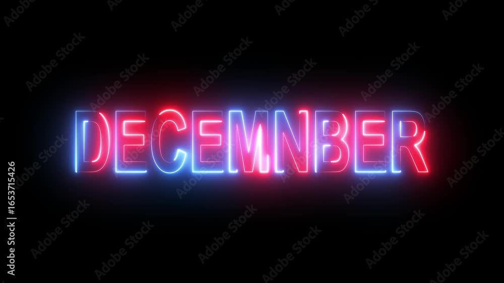 Glowing colorful light neon text month of December. Abstract glowing December month text neon light effect background animation.
