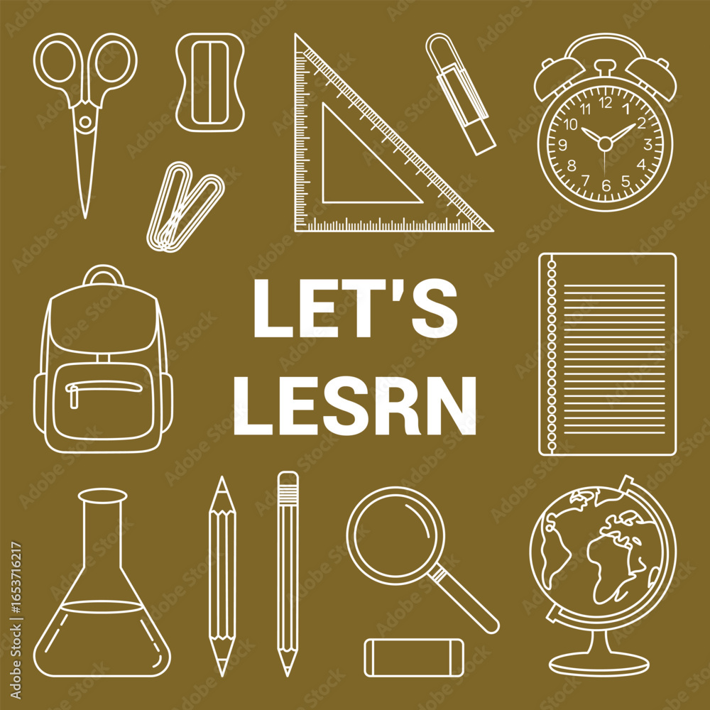 Obraz premium Back to School Education and Learning Graphic with School Supplies Featuring Backpack Globe and Scientific Beaker on Brown Background