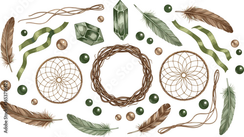 Constructor for creating a dreamcatcher design. Watercolor illustration of a dream catcher amulet for sleep. Hand drawn on isolated background.