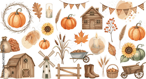 Harvest watercolor clipart set with wind mill, rustic house, pumpkins and sunflowers. Drawing of fall trees and wheelbarrow for farming