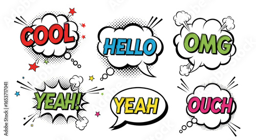 Dynamic Collection of Retro Comic Book Speech Bubbles with Expressions of Excitement, Surprise, and Pain, Creating a Vivid and Nostalgic Visual Language for Expressing Emotions