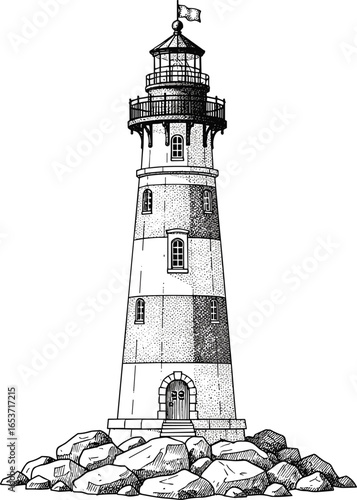 Vector illustration of Lighthouse on rocks for nautical design. Outline drawing of coastal scene compositions with Light house and seashore