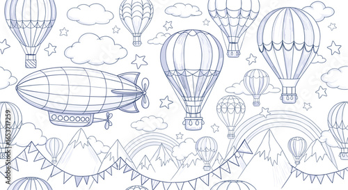 Vector illustration with hot air Balloons, rainbows, mountains, clouds, and stars. Linear drawing of seamless Pattern with Airships in a hand drawn sketch style for nursery wallpaper or Baby banner