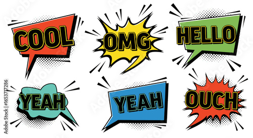 Dynamically expressive comic speech bubbles, featuring vibrant colors and bold text, embodying energetic conversational elements for a visually engaging and animated design aesthetic