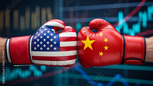 Boxing gloves with usa and china flags symbolizing competition and conflict
