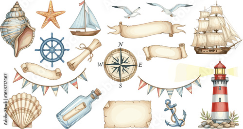 Watercolor clipart with Sailboat and Lighthouse for Baby design in nautical style. Drawing of Beacon and Ships in pastel blue and beige colors on isolated