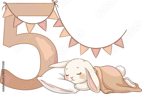Watercolor illustration of cute sleeping Bunny with number five decorated and festive garland for children birthday designs or monthly milestone cards in pastel beige colors.