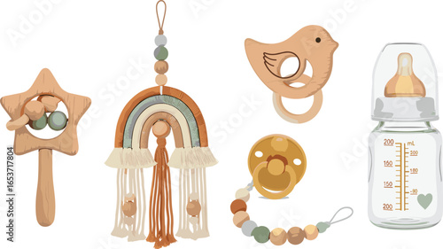 Watercolor illustration of wooden Baby accessories including rattle, pacifier, bottle, rainbow, and teether. Drawing for baby shower greeting cards or newborn party invitations