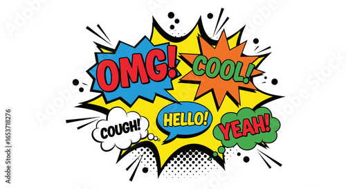 Energetic and Vibrant Pop Art Style Comic Burst with Expressive Word Bubbles Conveying Dynamic Reactions and Greetings in a Bold and Retro Design Ideal for Creative Projects