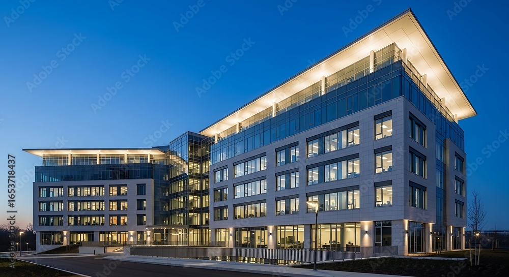 Obraz premium Modern glass office building exterior at dusk with illuminated windows