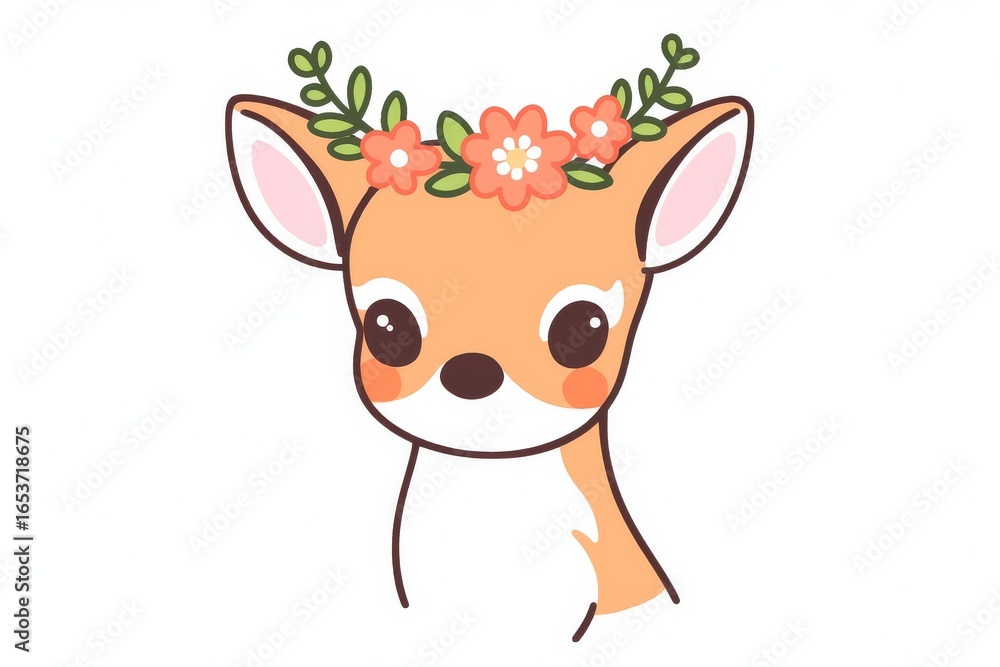 Obraz premium Cute deer with flower on head, simple cartoon line art for kids coloring book. Flat vector illustration in black and white, kawaii doodle clipart style with bold outline and minimal design.