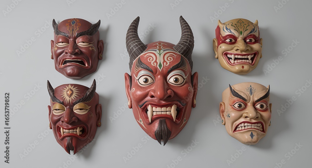Naklejka premium Hand-Carved Asian Demon Masks Intricate Wall Art Decor Set of 5