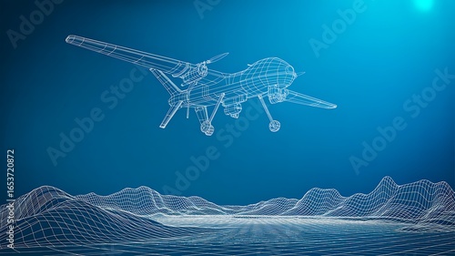 Futuristic wireframe drone flying over digital landscape in blue technology background 
