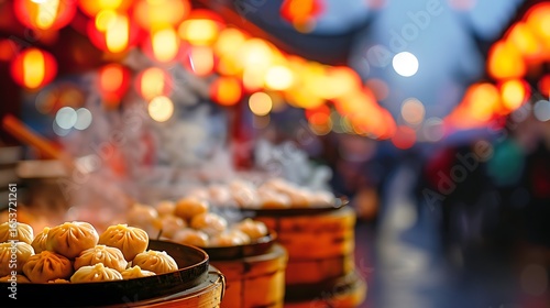 Steaming dumplings at a vibrant asian night market
