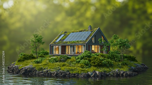 Sustainable eco house with solar panels on small green island surrounded by water 
