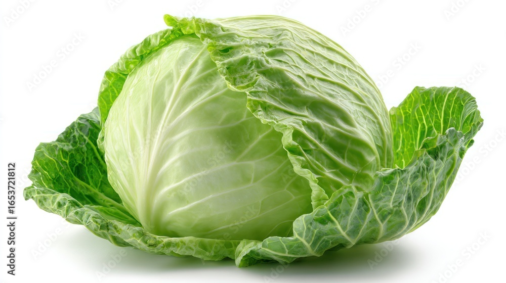 Obraz premium Crisp, green cabbage head with ruffled leaves, isolated on a white background