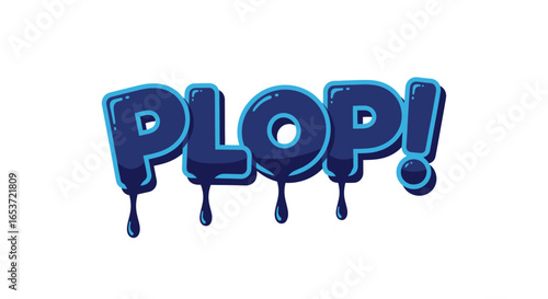 Stylized vector artwork displaying the word PLOP in vibrant blue, featuring a dripping effect that adds a playful touch of cartoonish flair to the visual expression ideal for diverse design